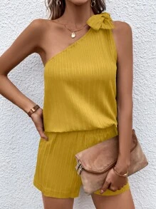 SHEIN Privé One Shoulder Knot Detail Blouse & Shorts - Yellow - View 6
