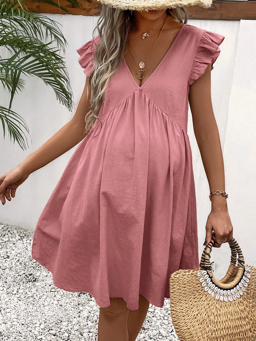 SHEIN 孕婦素色荷葉邊娃娃裙 - 藕粉色 - 查看 1
