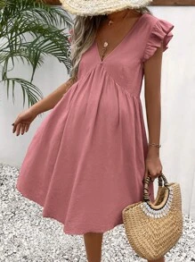SHEIN 孕婦素色荷葉邊娃娃裙 - 藕粉色 - 查看 3