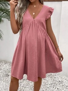 SHEIN 孕婦素色荷葉邊娃娃裙 - 藕粉色 - 查看 4