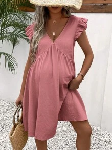 SHEIN 孕婦素色荷葉邊娃娃裙 - 藕粉色 - 查看 6