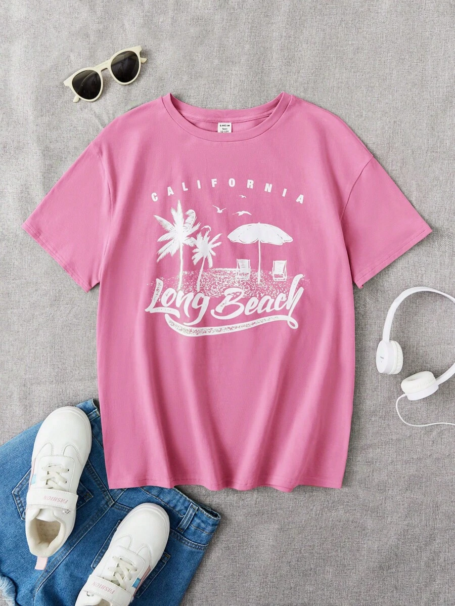 SHEIN Leap Crew Teen Girls Letter & Palm Tree Print Tee - Pink - View 1