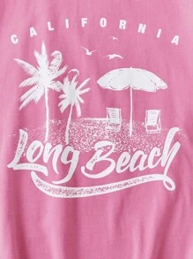 SHEIN Leap Crew Teen Girls Letter & Palm Tree Print Tee - Pink - View 3