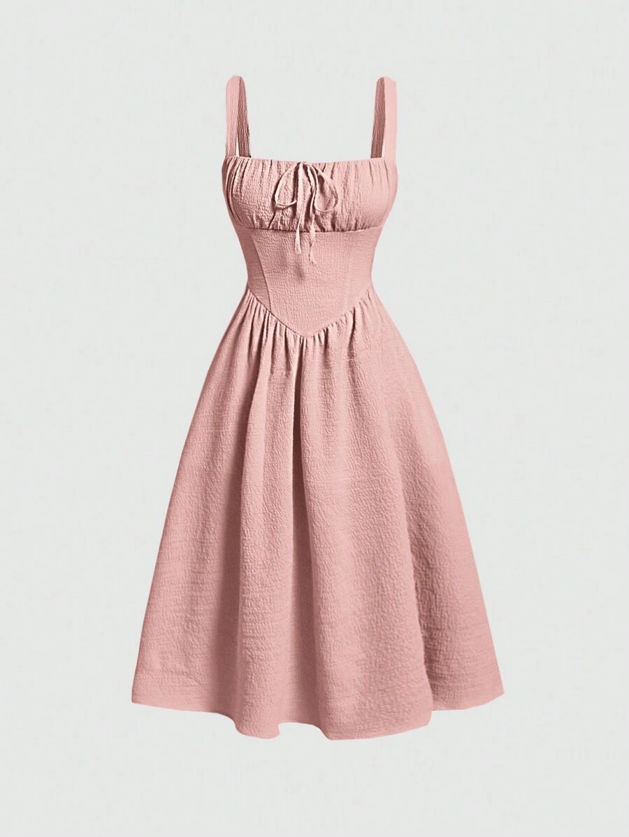 SHEIN MOD Đầm Lộ Lưng Dải chun Thắt nơ trước Nếp gấp Phần Ngực màu trơn Giải trí - Màu Hồng baby - Xem 1