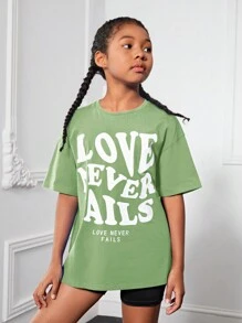SHEIN Girls Slogan Graphic Drop Shoulder Tee - Lime Green - View 3