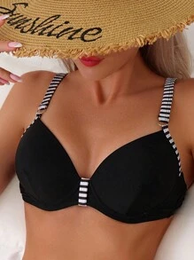 SHEIN Swim Summer Beach Striped Trim Bikini Top - Black and White - View 1