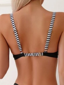 SHEIN Swim Summer Beach Striped Trim Bikini Top - Black and White - View 2
