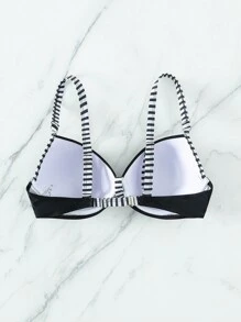 SHEIN Swim Summer Beach Striped Trim Bikini Top - Black and White - View 3