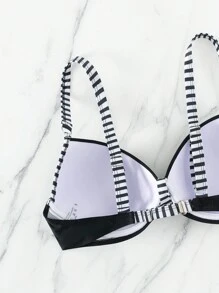 SHEIN Swim Summer Beach Striped Trim Bikini Top - Black and White - View 4