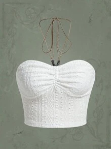 ROMWE Fairycore 褶邊網眼刺繡掛脖上衣 - 白色 - 查看 1