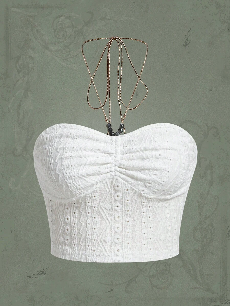 ROMWE Fairycore 褶邊網眼刺繡掛脖上衣 - 白色 - 查看 1