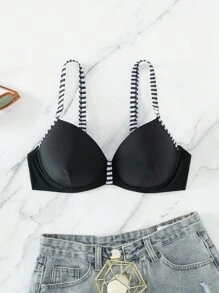 SHEIN Swim Summer Beach Striped Trim Bikini Top - Black and White - View 6