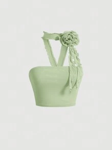 SHEIN MOD Appliques Detail Crop Halter Top - Mint Green - View 1