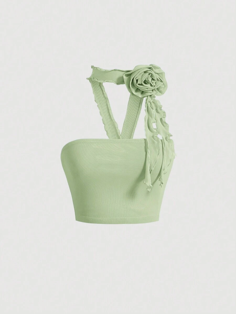 SHEIN MOD Appliques Detail Crop Halter Top - Mint Green - View 1