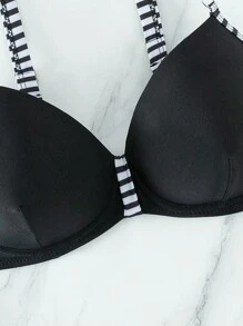 SHEIN Swim Summer Beach Striped Trim Bikini Top - Black and White - View 8