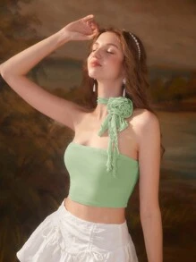 SHEIN MOD Appliques Detail Crop Halter Top - Mint Green - View 6