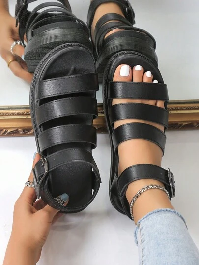 Women Comfortable Buckle Decor Flat Sandals, Vacation Black Gladiator Sandals