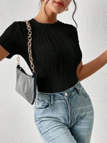 SHEIN Frenchy Solid Ribbed Grain Fabric Knit Bodysuit Black Summer Casual - Black - View 3