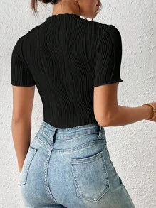 SHEIN Frenchy Solid Ribbed Grain Fabric Knit Bodysuit Black Summer Casual - Black - View 2