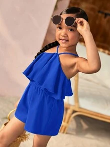 SHEIN 小女童荷葉邊吊帶連體短褲 - 寶藍色 - 查看 3