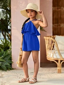 SHEIN 小女童荷葉邊吊帶連體短褲 - 寶藍色 - 查看 5