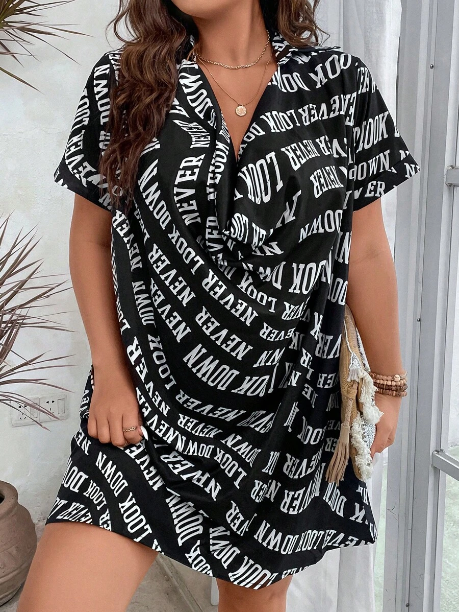 SHEIN Holidaya Plus Letter Graphic Draped Front Dress - Black - View 1