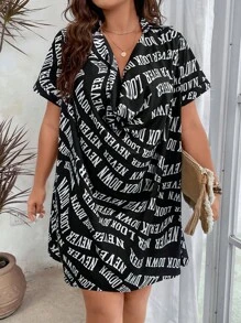 SHEIN Holidaya Plus Letter Graphic Draped Front Dress - Black - View 3