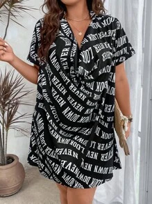 SHEIN Holidaya Plus Letter Graphic Draped Front Dress - Black - View 5