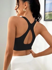 Yoga Basic 後鏤空運動型文胸 - 黑色 - 查看 1