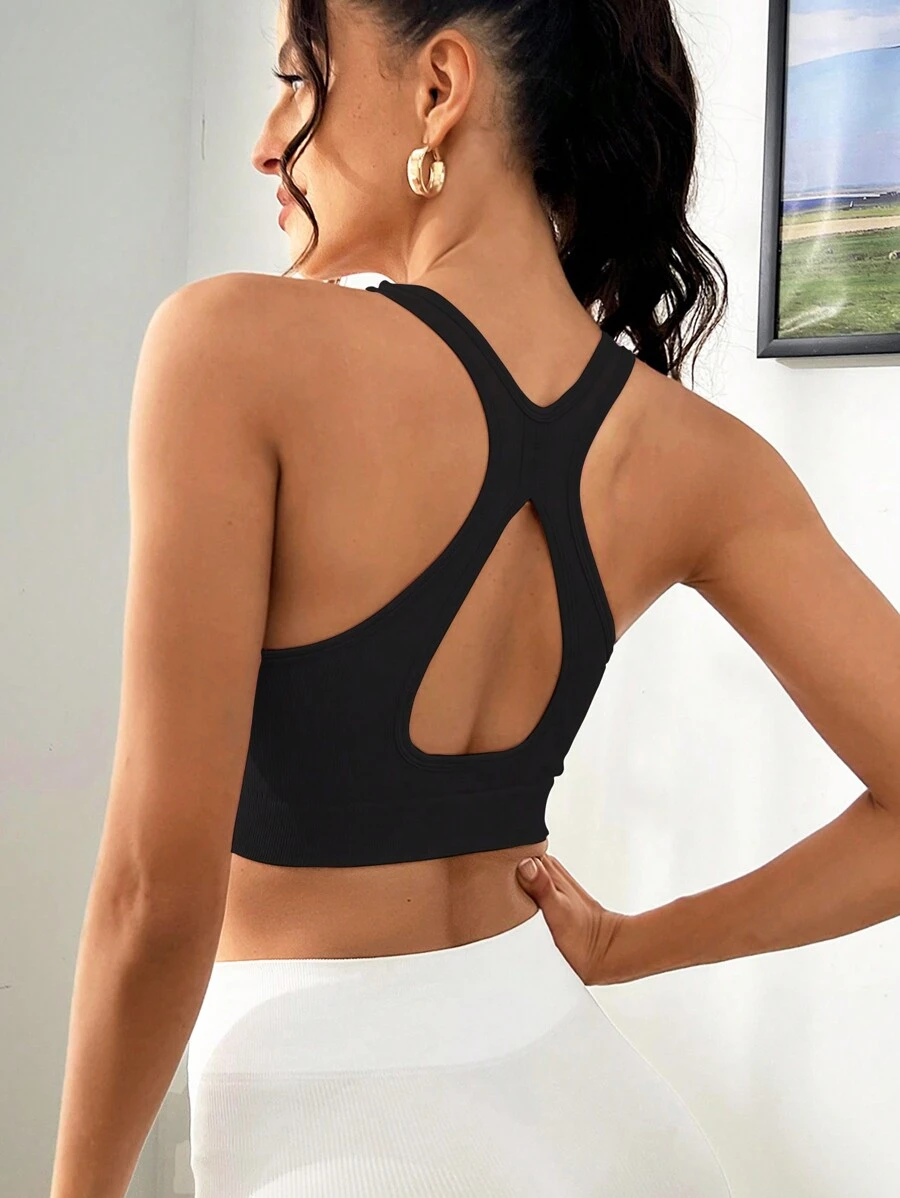 Yoga Basic 後鏤空運動型文胸 - 黑色 - 查看 1
