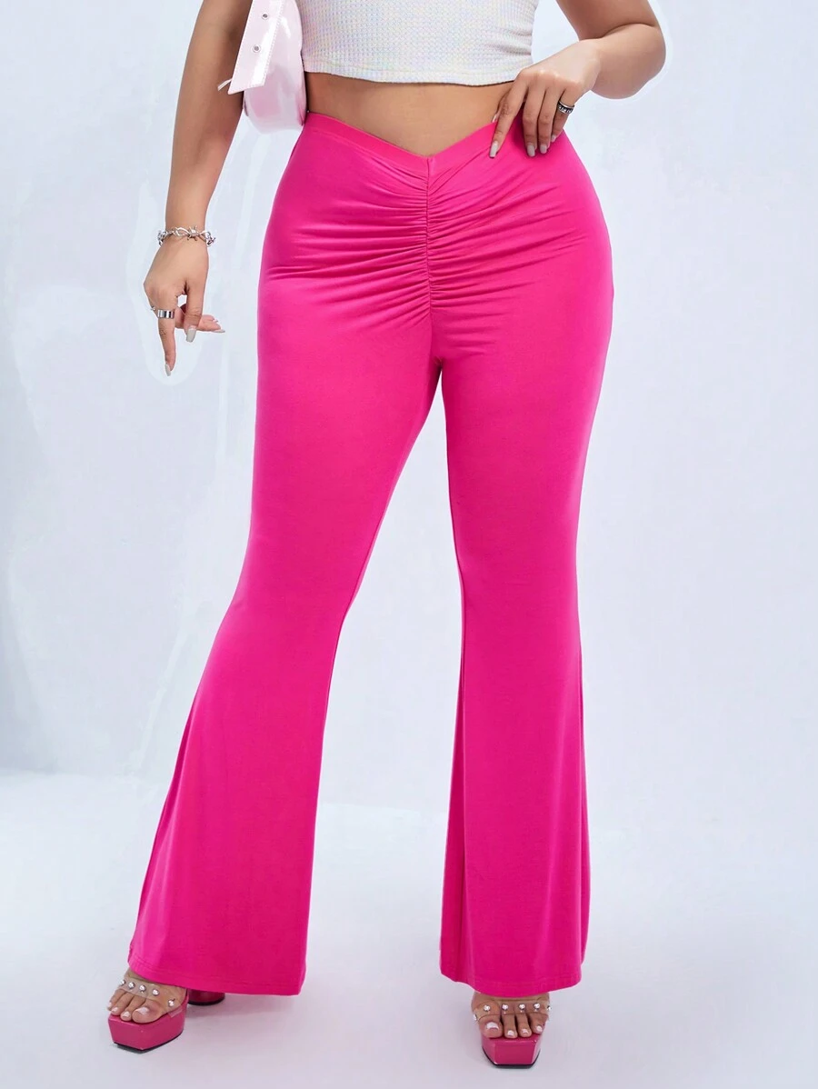 SHEIN ICON Quần Plus Size Xù màu trơn Giải trí - Màu Hồng Tươi - Xem 1