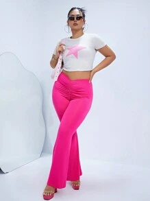 SHEIN ICON Quần Plus Size Xù màu trơn Giải trí - Màu Hồng Tươi - Xem 3