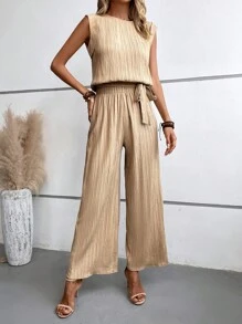 SHEIN LUNE 素色背心上衣和闊腿褲 - 卡其色 - 查看 3