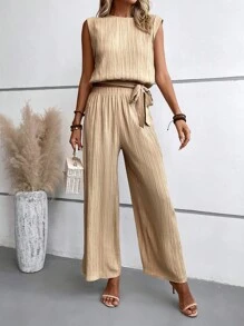 SHEIN LUNE 素色背心上衣和闊腿褲 - 卡其色 - 查看 4