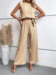 SHEIN LUNE 素色背心上衣和闊腿褲 - 卡其色 - 查看 5