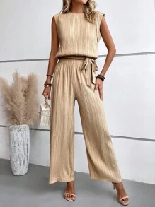 SHEIN LUNE 素色背心上衣和闊腿褲 - 卡其色 - 查看 6