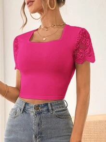 SHEIN Privé 蕾絲拼接後背繫帶短款T恤 - 玫紅色 - 查看 4