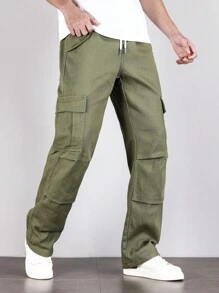 Manfinity Men Flap Pocket Side Drawstring Waist Cargo Jeans - Army Green - View 1