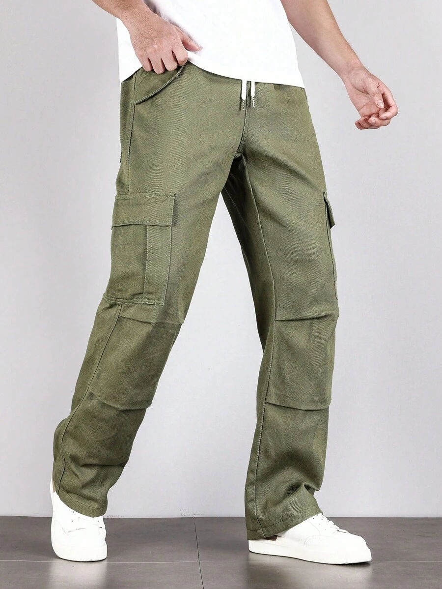Manfinity Men Flap Pocket Side Drawstring Waist Cargo Jeans - Army Green - View 1