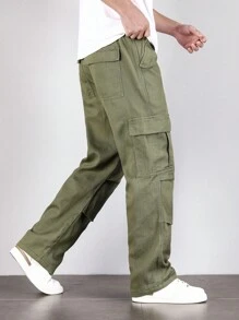 Manfinity Men Flap Pocket Side Drawstring Waist Cargo Jeans - Army Green - View 3