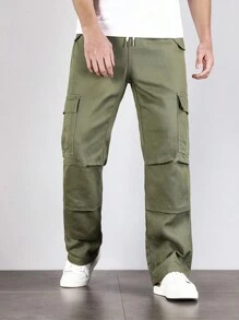 Manfinity Men Flap Pocket Side Drawstring Waist Cargo Jeans - Army Green - View 4