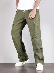 Manfinity Men Flap Pocket Side Drawstring Waist Cargo Jeans - Army Green - View 5
