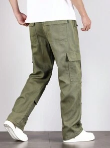 Manfinity Men Flap Pocket Side Drawstring Waist Cargo Jeans - Army Green - View 7