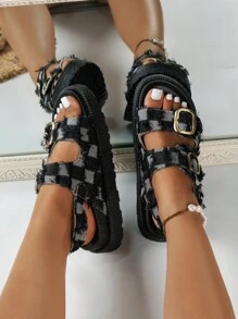Women Plaid Pattern Buckle Decor Slingback Wedge Sandals, Fashion Sandals - Hitam - View 3
