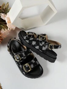 Women Plaid Pattern Buckle Decor Slingback Wedge Sandals, Fashion Sandals - Hitam - View 6