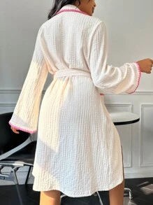 Women's Casual Midi Robe With Pink Contrast Binding And Pockets Flare Sleeve Knitted Fabric Loungewear Cozy And Elegant Details, For Fall & Winter Outfit - Beige - View 3