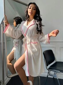 Women's Casual Midi Robe With Pink Contrast Binding And Pockets Flare Sleeve Knitted Fabric Loungewear Cozy And Elegant Details, For Fall & Winter Outfit - Beige - View 5