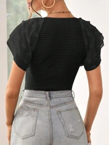 SHEIN VCAY Swiss Dot Butterfly Sleeve Tee - Black - View 2