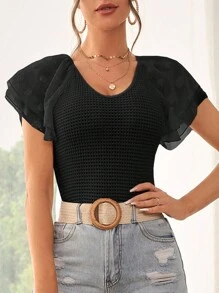 SHEIN VCAY Swiss Dot Butterfly Sleeve Tee - Black - View 3