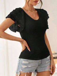 SHEIN VCAY Swiss Dot Butterfly Sleeve Tee - Black - View 5